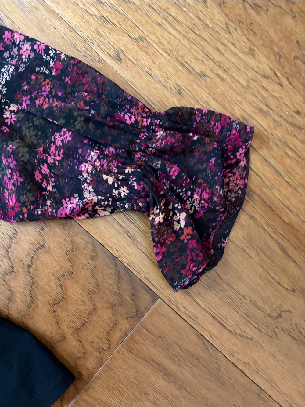 CeCe Black Mock Neck Top with Pink Floral Sheer Sleeves - Picture 2 of 4